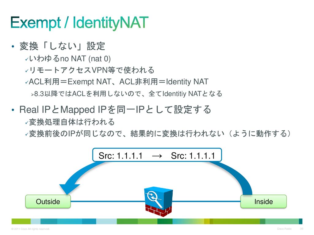 Exempt / IdentityNAT 変換「しない」設定 Real IPとMapped IPを同一IPとして設定する