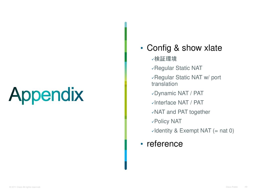 Appendix Config & show xlate reference 検証環境 Regular Static NAT