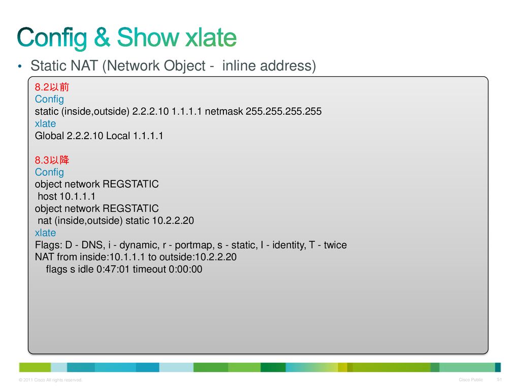Config & Show xlate Static NAT (Network Object - inline address) 8.2以前