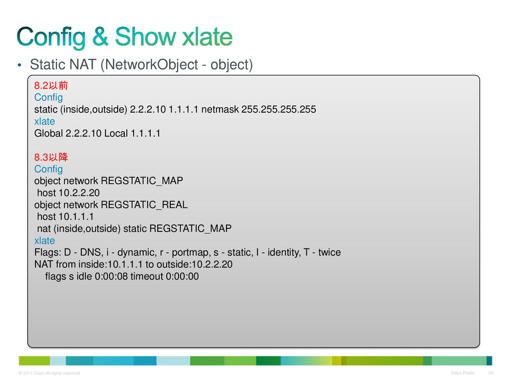 Config & Show xlate Static NAT (NetworkObject - object) 8.2以前 Config