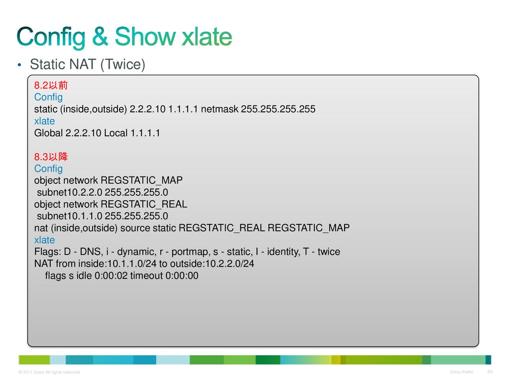 Config & Show xlate Static NAT (Twice) 8.2以前 Config