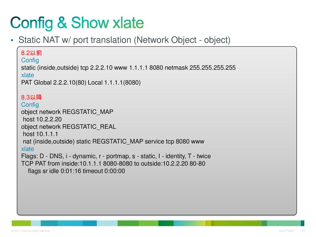 Config & Show xlate Static NAT w/ port translation (Network Object - object) 8.2以前. Config.