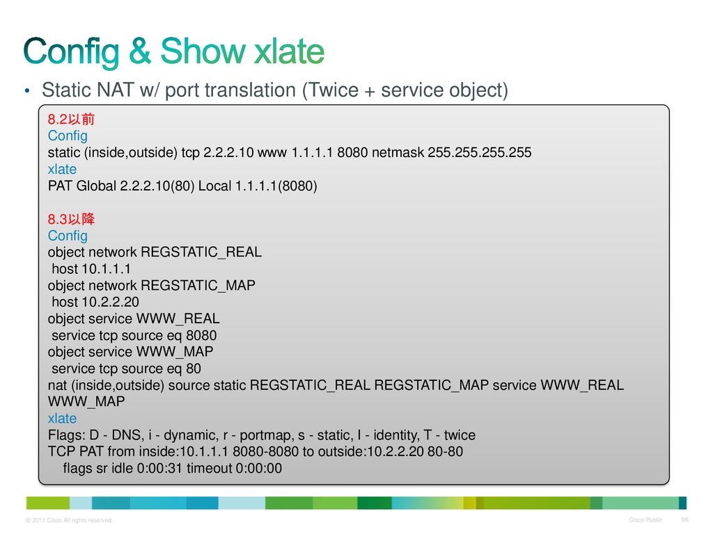 Config & Show xlate Static NAT w/ port translation (Twice + service object) 8.2以前. Config.