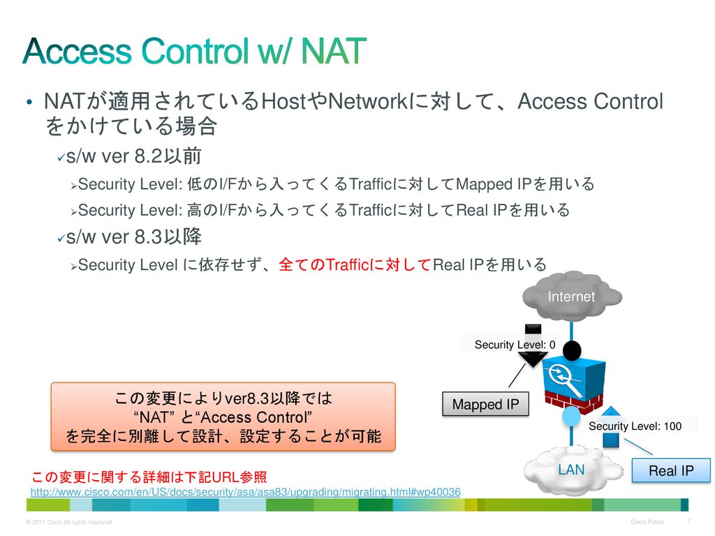 Access Control w/ NAT NATが適用されているHostやNetworkに対して、Access Control をかけている場合. s/w ver 8.2以前. Security Level: 低のI/Fから入ってくるTrafficに対してMapped IPを用いる.