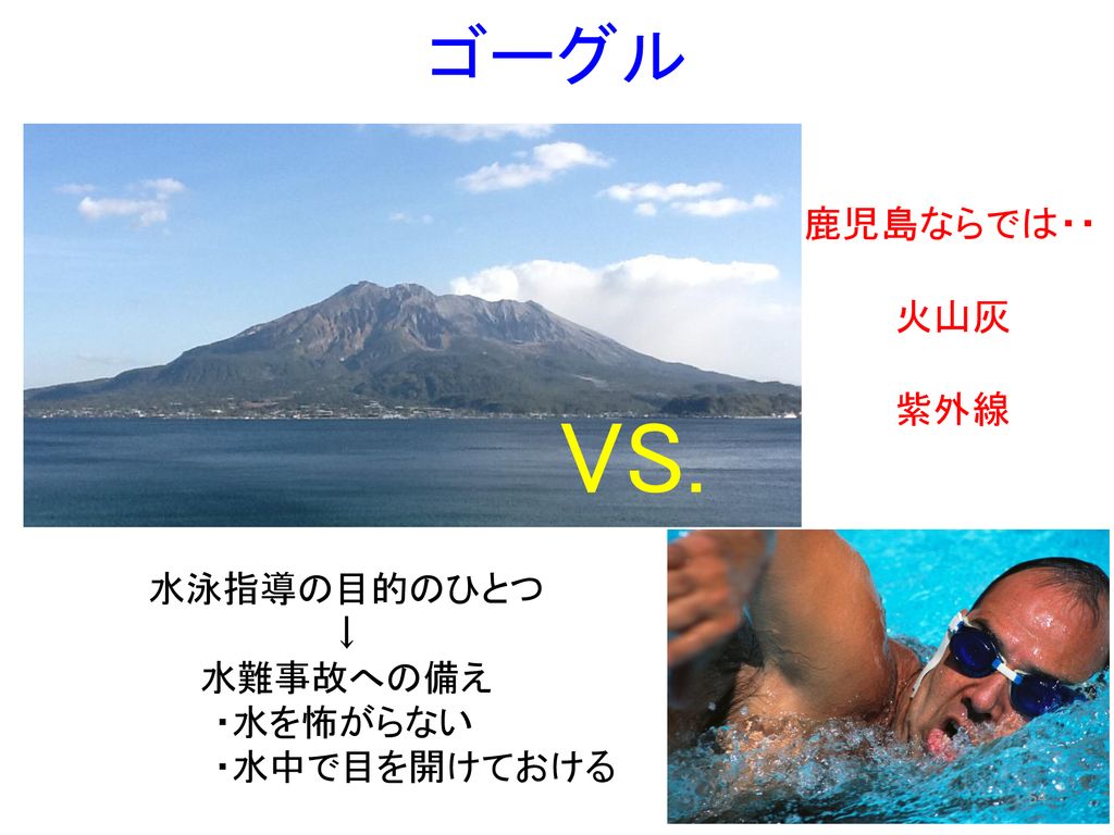 VS. ゴーグル 鹿児島ならでは・・ 火山灰 紫外線 水泳指導の目的のひとつ ↓ 水難事故への備え ・水を怖がらない