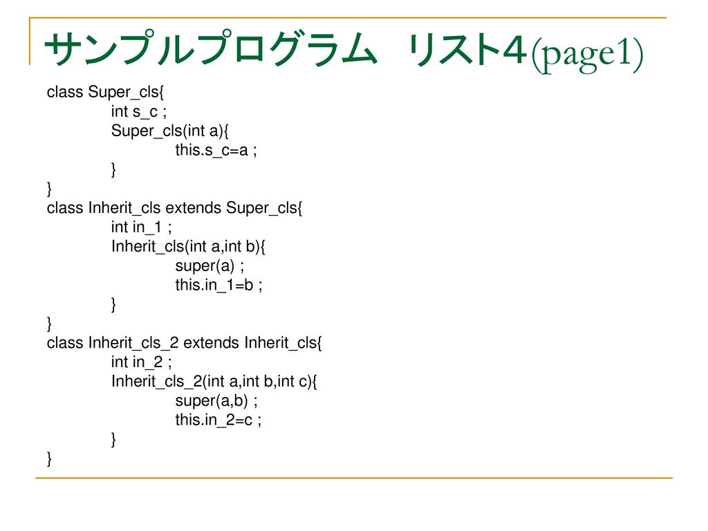 サンプルプログラム リスト４(page1) class Super_cls{ int s_c ; Super_cls(int a){