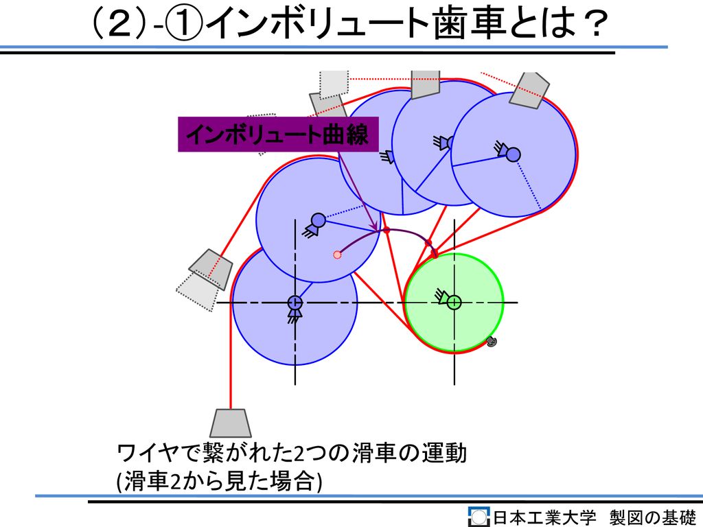 （２）-①インボリュート歯車とは？ インボリュート曲線 ワイヤで繋がれた2つの滑車の運動 (滑車2から見た場合) 日本工業大学 製図の基礎