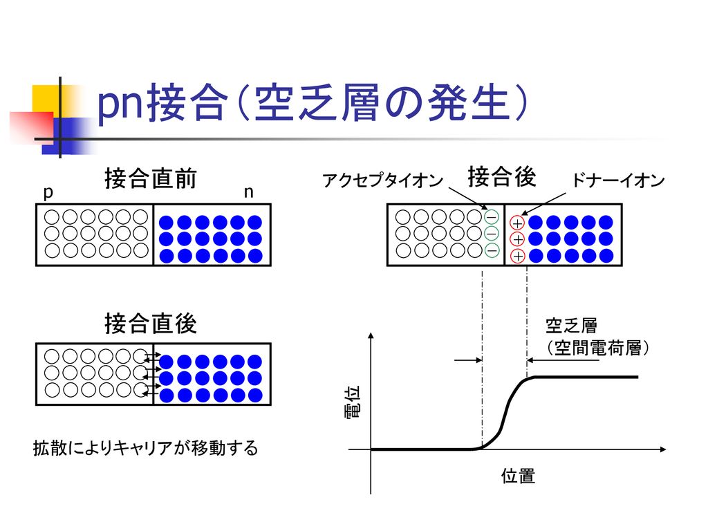 pn接合（空乏層の発生） 接合直前 接合後 接合直後 アクセプタイオン ドナーイオン p n 空乏層 （空間電荷層） 電位