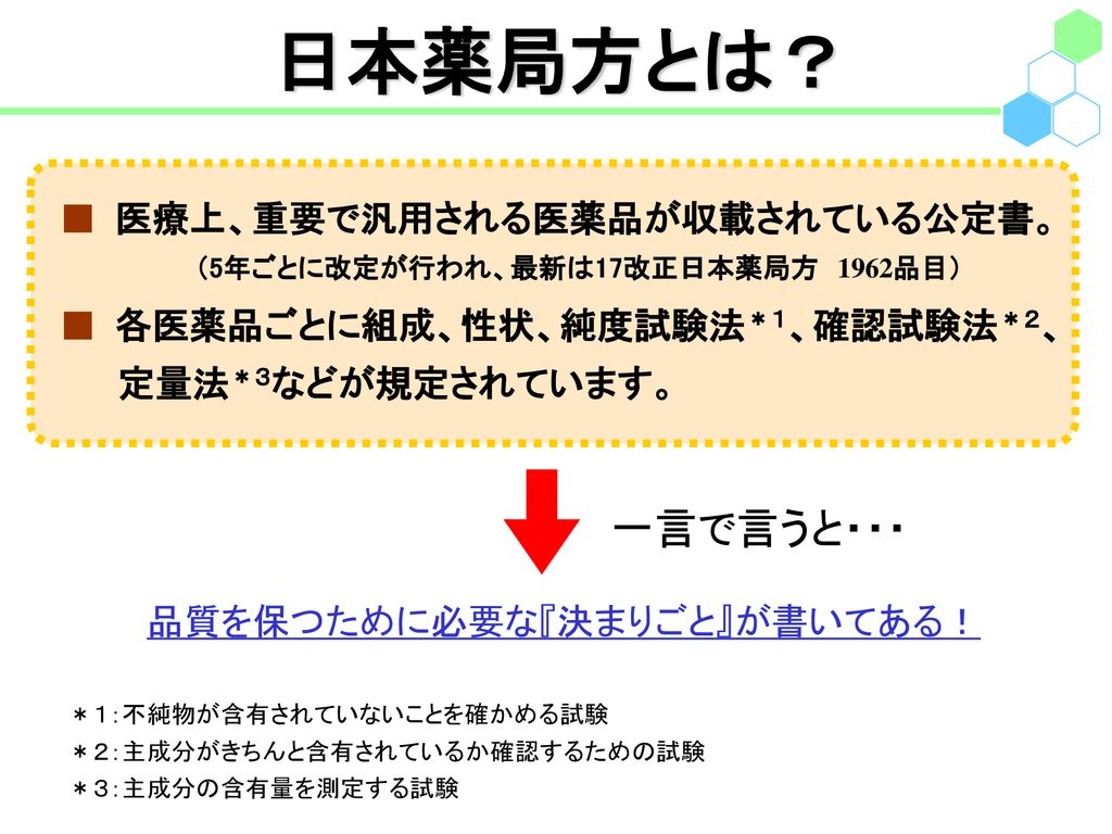 日本薬局方とは？ 一言で言うと・・・ ■ 医療上、重要で汎用される医薬品が収載されている公定書。