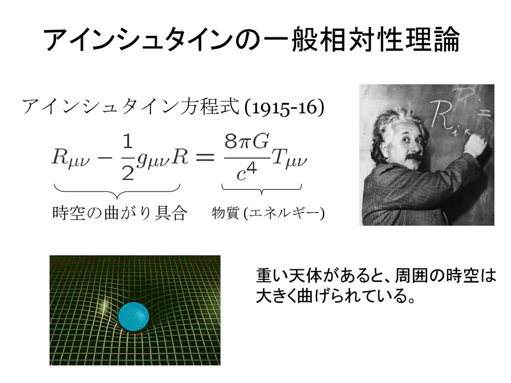 アインシュタインの一般相対性理論 アインシュタイン方程式 ( ) 時空の曲がり具合 重い天体があると、周囲の時空は