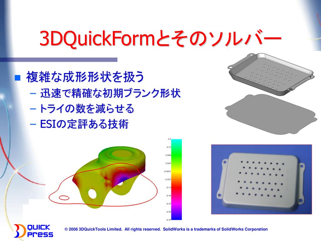 3DQuickFormとそのソルバー 複雑な成形形状を扱う 迅速で精確な初期ブランク形状 トライの数を減らせる ESIの定評ある技術