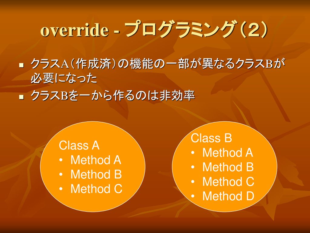 override - プログラミング（２） クラスA（作成済）の機能の一部が異なるクラスBが必要になった クラスBを一から作るのは非効率