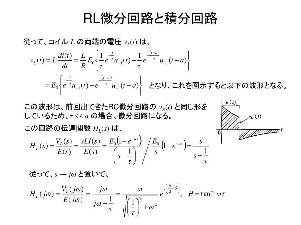 RL微分回路と積分回路 従って、コイル L の両端の電圧 vL(t) は、 となり、これを図示すると以下の波形となる。