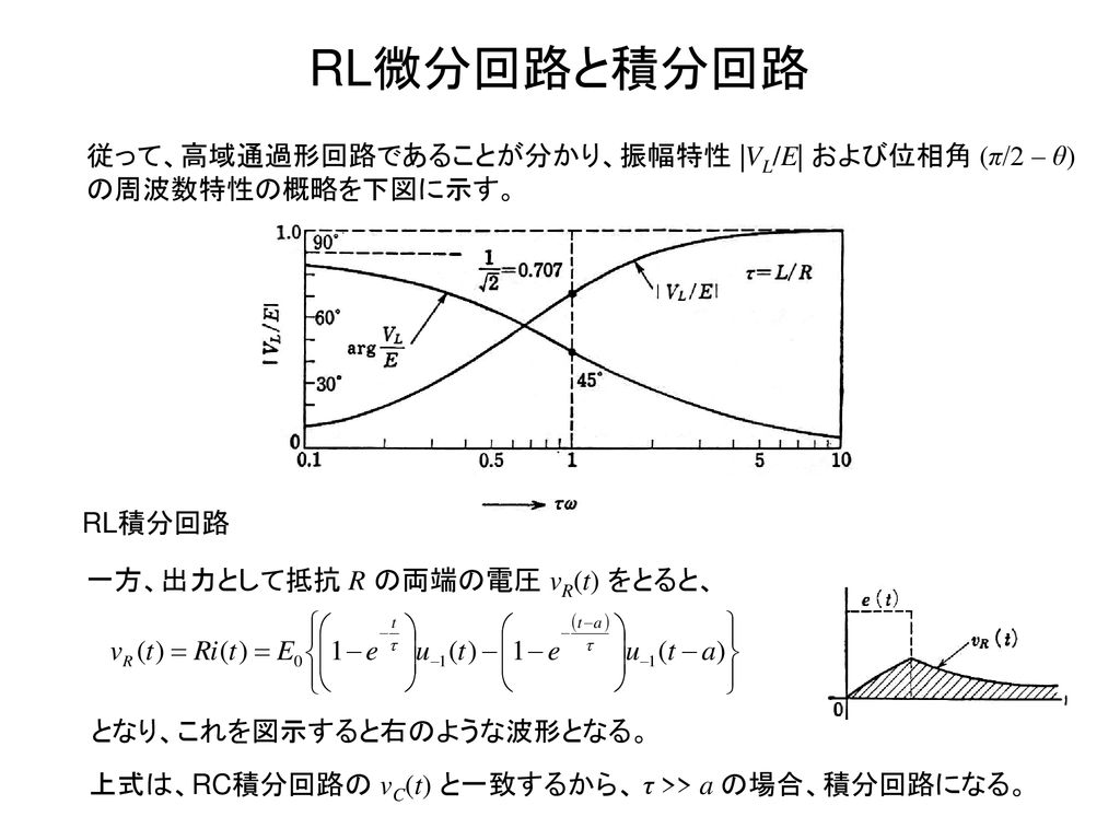 RL微分回路と積分回路 従って、高域通過形回路であることが分かり、振幅特性 |VL/E| および位相角 (π/2 ‒ θ) の周波数特性の概略を下図に示す。 RL積分回路. 一方、出力として抵抗 R の両端の電圧 vR(t) をとると、