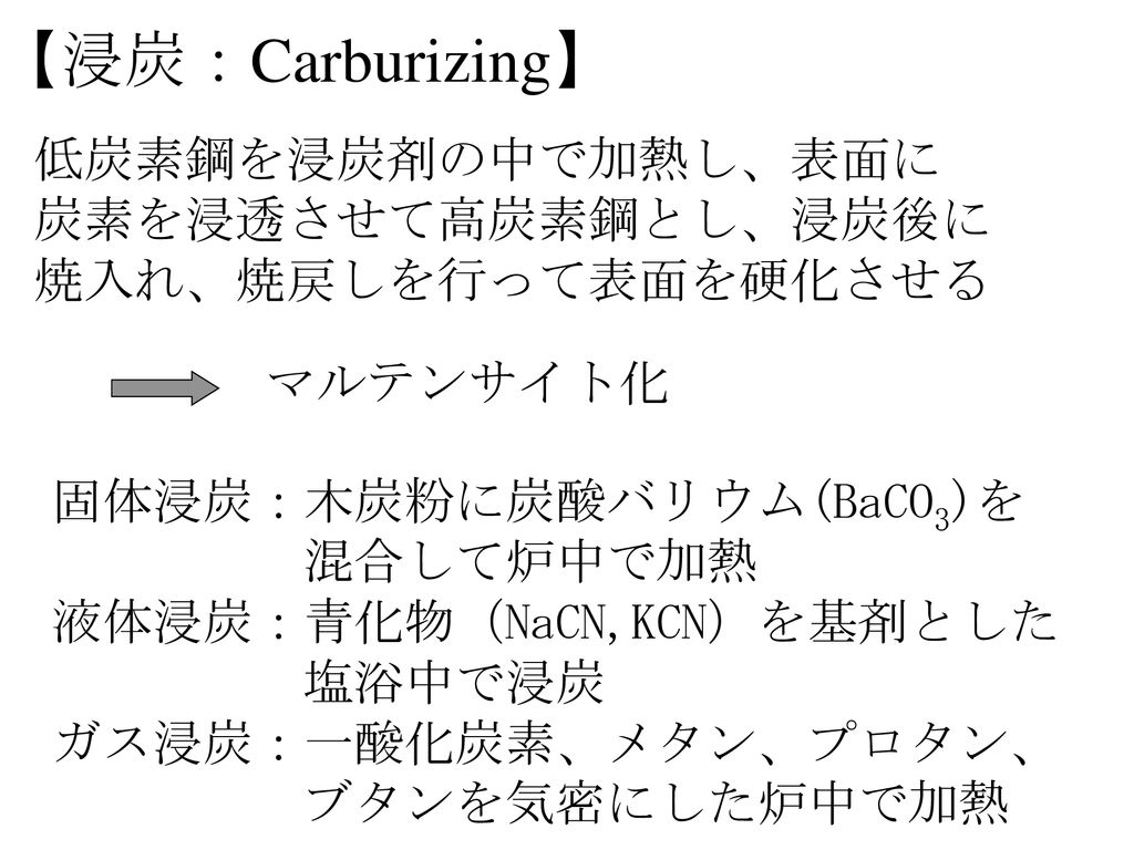【浸炭：Carburizing】 低炭素鋼を浸炭剤の中で加熱し、表面に 炭素を浸透させて高炭素鋼とし、浸炭後に