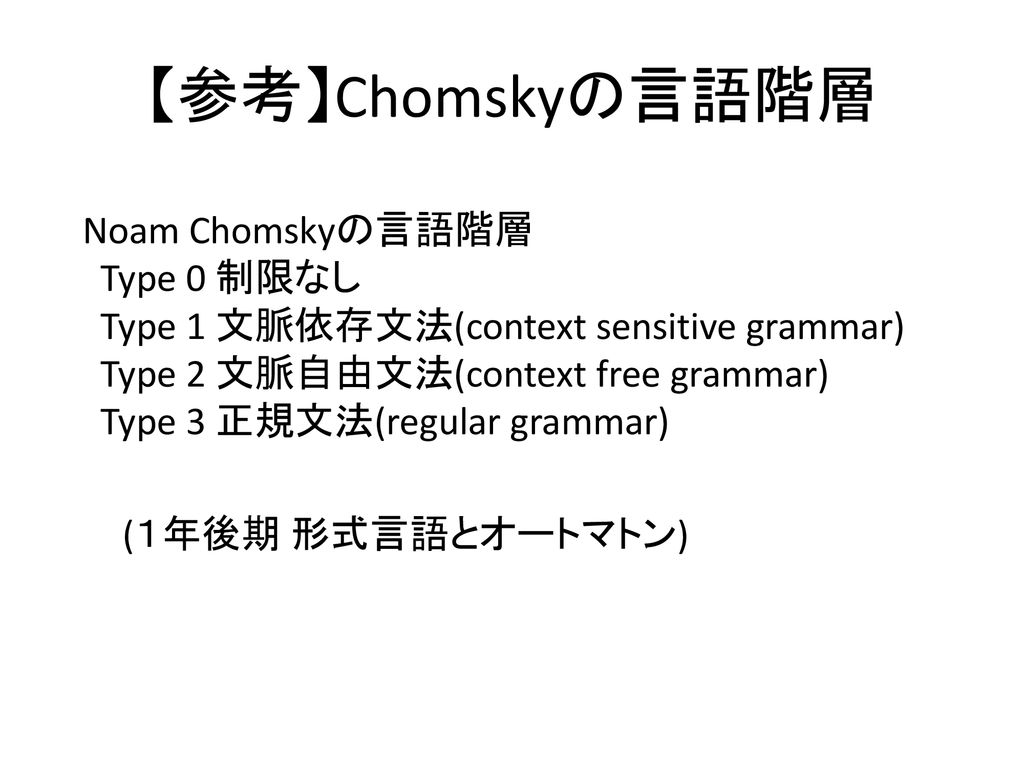 【参考】Chomskyの言語階層 Noam Chomskyの言語階層 Type 0 制限なし