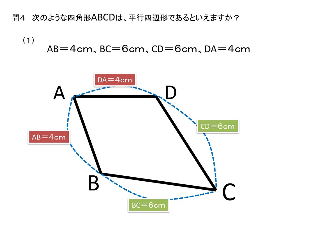 C B A D AB＝４ｃｍ、BC＝６ｃｍ、CD＝６ｃｍ、DA＝４ｃｍ 次のような四角形ABCDは、平行四辺形であるといえますか？ 問４