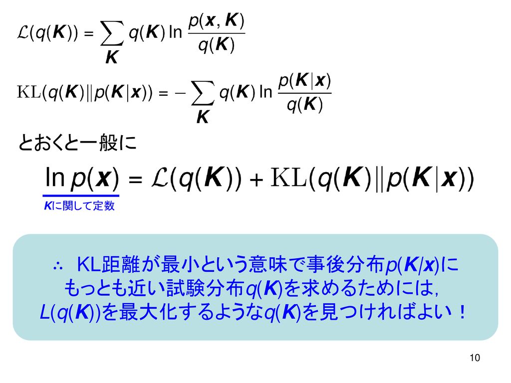 ∴ KL距離が最小という意味で事後分布p(K|x)に もっとも近い試験分布q(K)を求めるためには，
