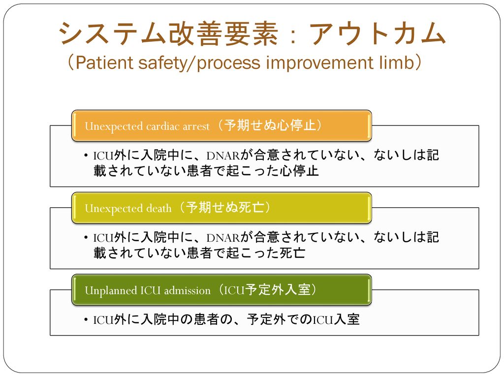 システム改善要素：アウトカム （Patient safety/process improvement limb）