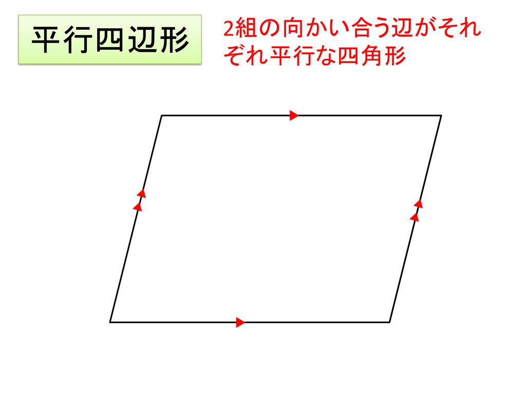 2組の向かい合う辺がそれぞれ平行な四角形 平行四辺形 ▼ ▼ ▼ ▼