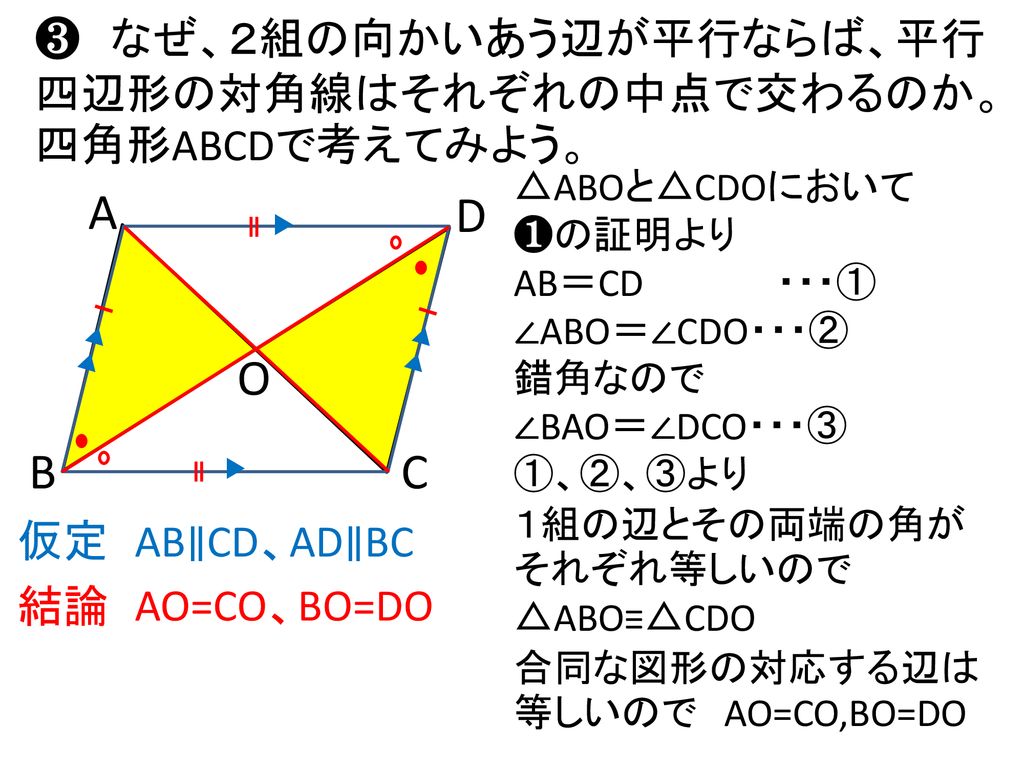 ❸ なぜ、２組の向かいあう辺が平行ならば、平行四辺形の対角線はそれぞれの中点で交わるのか。四角形ABCDで考えてみよう。