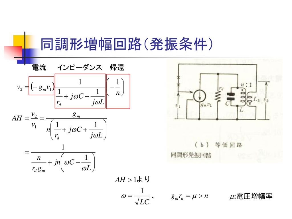 同調形増幅回路（発振条件） 電流 インピーダンス 帰還 m:電圧増幅率