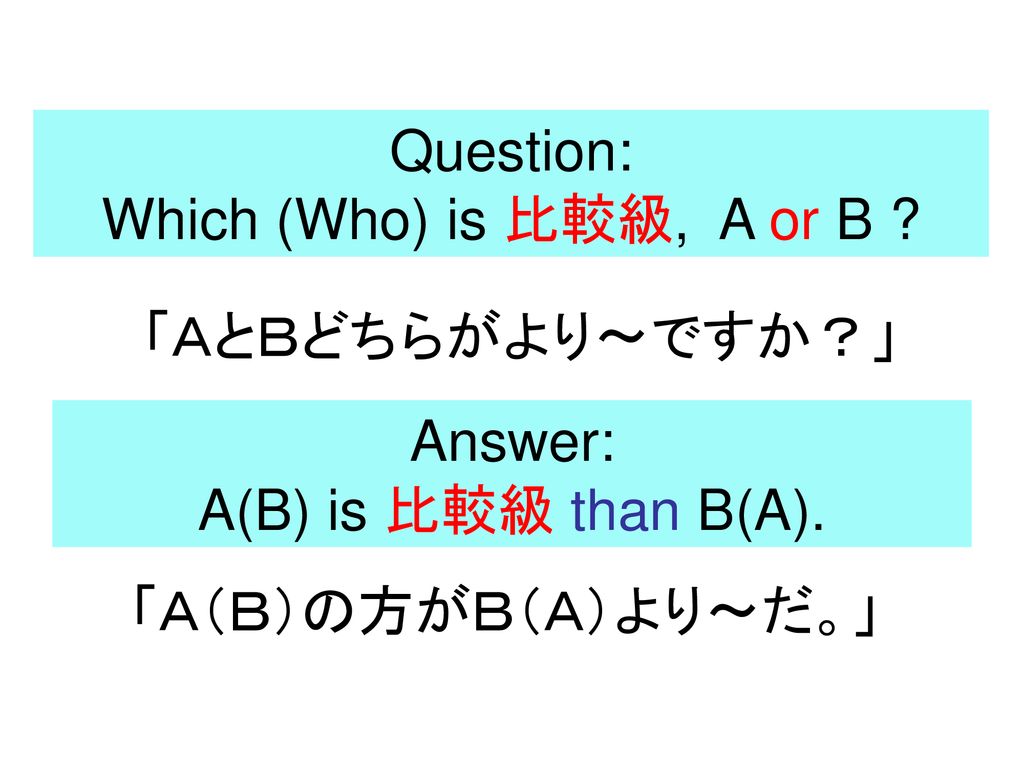 Question: Which (Who) is 比較級, A or B . 「ＡとＢどちらがより～ですか？」 Answer: A(B) is 比較級 than B(A).