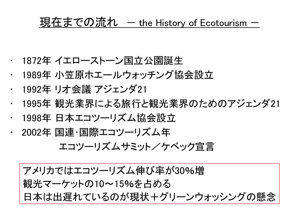 現在までの流れ － the History of Ecotourism －