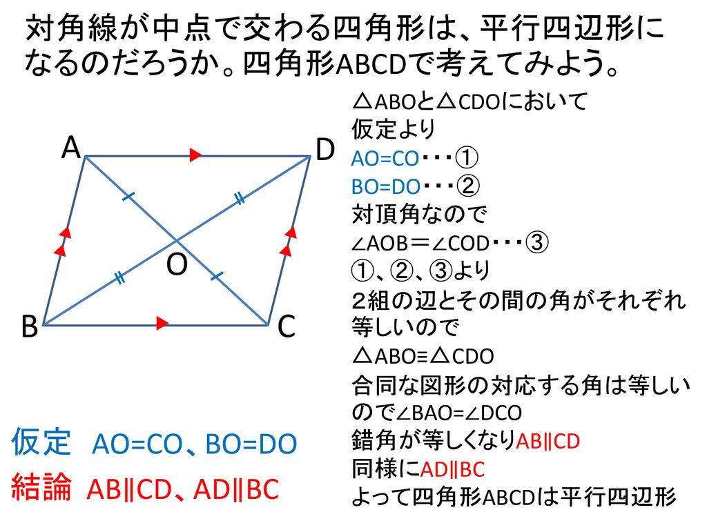 対角線が中点で交わる四角形は、平行四辺形になるのだろうか。四角形ABCDで考えてみよう。