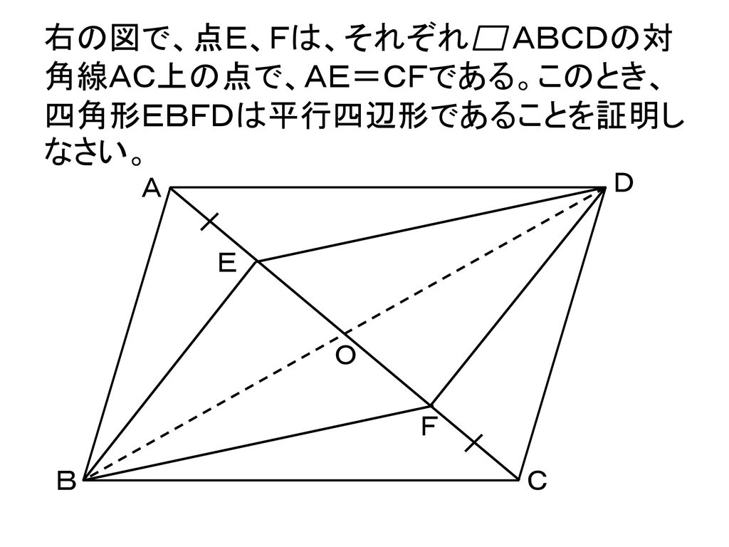 右の図で、点Ｅ、Ｆは、それぞれ ＡＢＣＤの対角線ＡＣ上の点で、ＡＥ＝ＣＦである。このとき、四角形ＥＢＦＤは平行四辺形であることを証明しなさい。