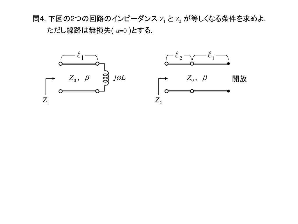 問4. 下図の2つの回路のインピーダンス Z1 と Z2 が等しくなる条件を求めよ.