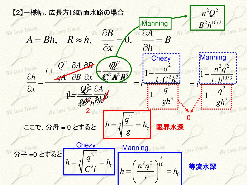 【2】一様幅、広長方形断面水路の場合 Manning Chezy Manning 2 ここで、分母 = 0 とすると 限界水深 Chezy Manning 分子 =0 とすると 等流水深