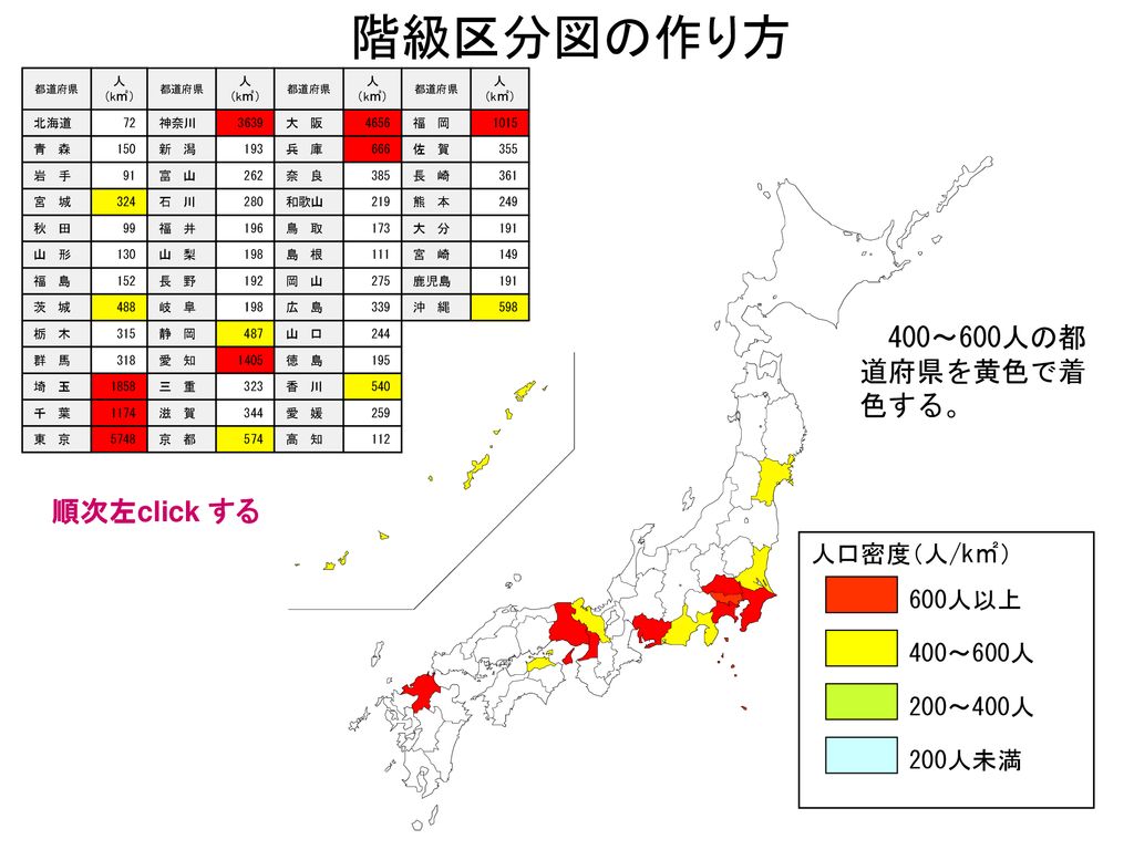 階級区分図の作り方 400～600人の都道府県を黄色で着色する。 順次左click する 人口密度（人/k㎡） 600人以上