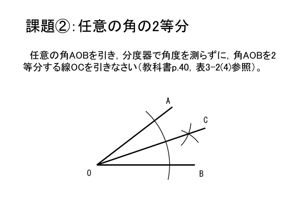 課題②：任意の角の2等分 任意の角AOBを引き，分度器で角度を測らずに，角AOBを2等分する線OCを引きなさい（教科書p.40，表3-2(4)参照）。