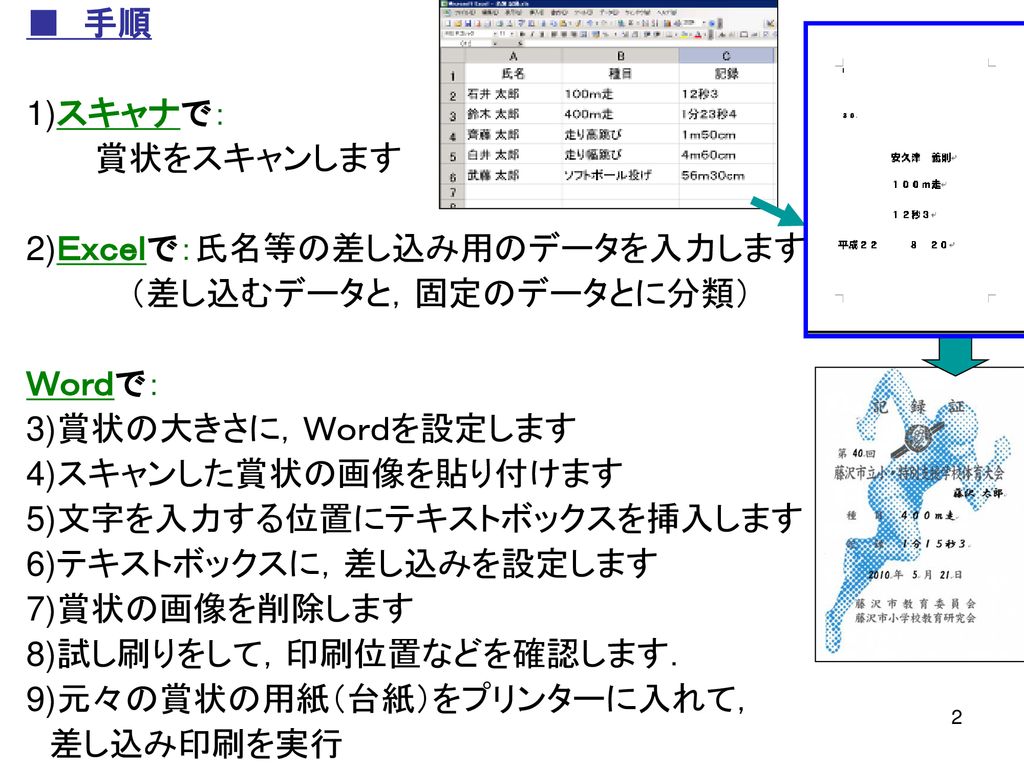 １ 賞状 差し込み印刷 Excelで作成したデータを Word文書に差し込んで 印刷する Ppt Download