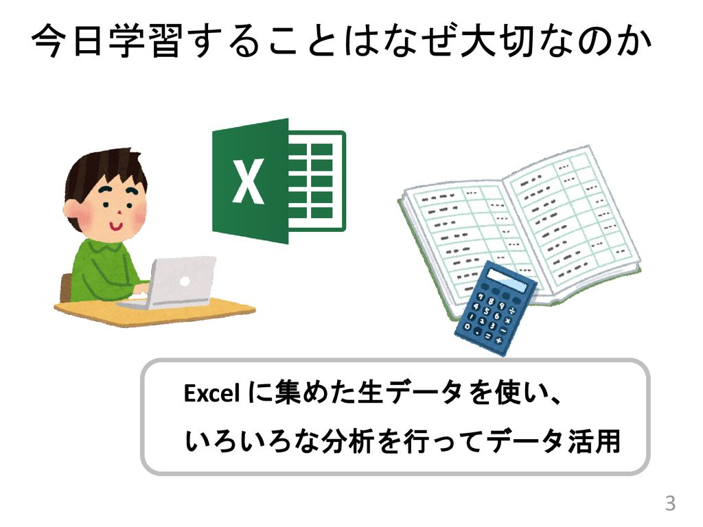 今日学習することはなぜ大切なのか Excel に集めた生データを使い、 いろいろな分析を行ってデータ活用