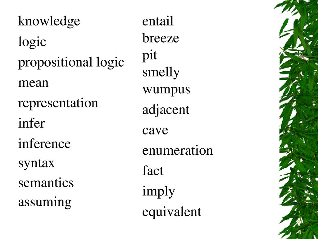 knowledge logic. propositional logic. mean. representation. infer. inference. syntax. semantics.