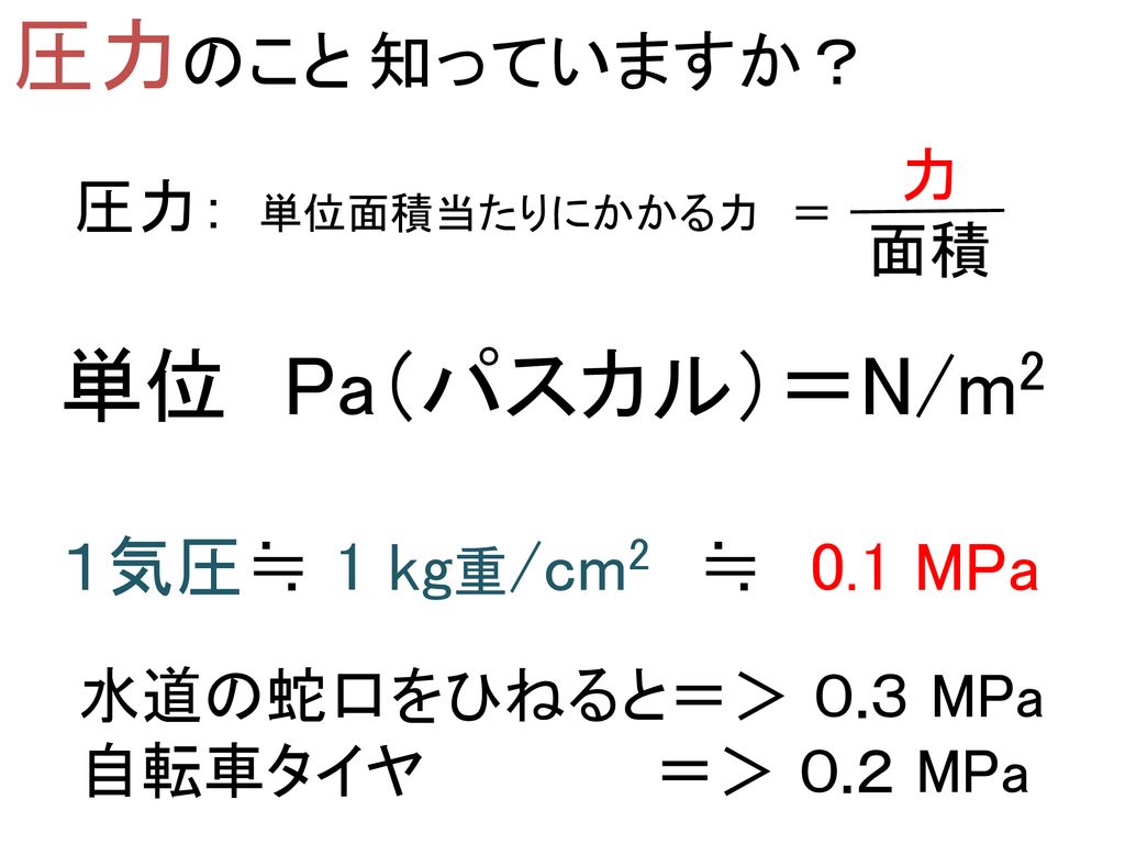 圧力のこと 知っていますか？ 単位 Pa（パスカル）＝N/m2 １気圧≒ 1 kg重/cm2 ≒ 0.1 MPa 力