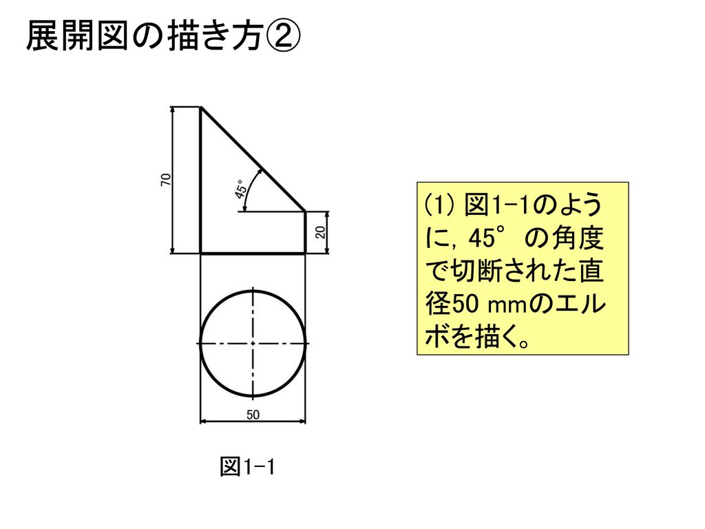 展開図の描き方② (1) 図1-1のように，45°の角度で切断された直径50 mmのエルボを描く。 図1-1