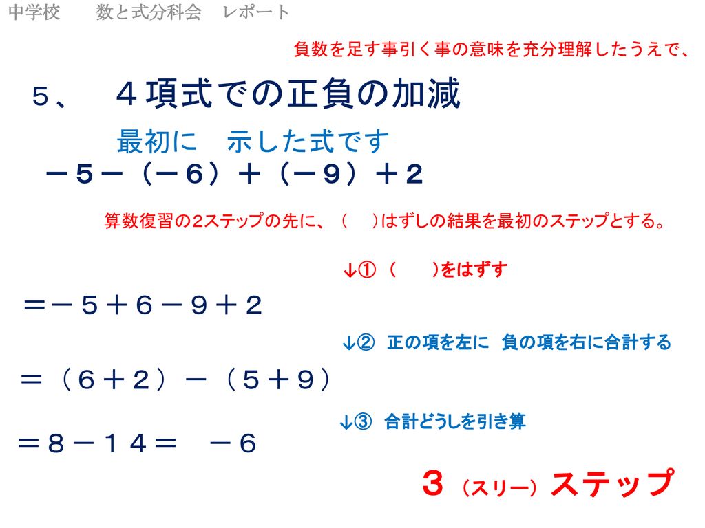 正負の数の加減 生徒の発想を見習った 代数和計算法を基本に 計算順序を見直す提案 コロンブスの卵的発想で実に単純な話です Ppt Download