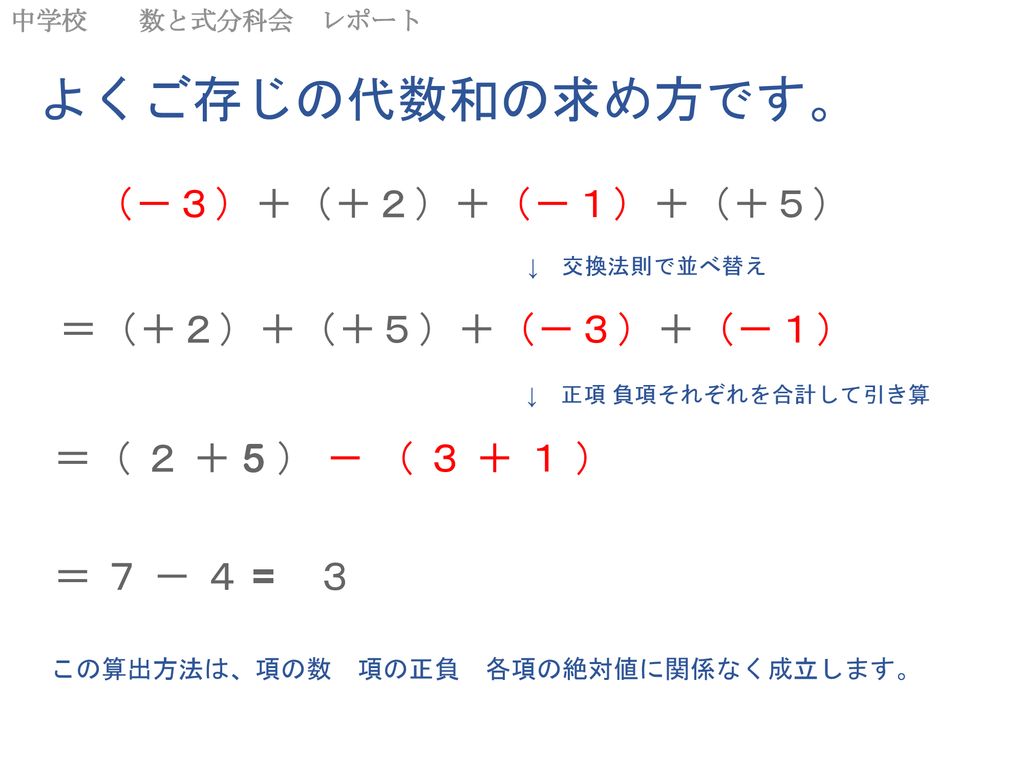 正負の数の加減 生徒の発想を見習った 代数和計算法を基本に 計算順序を見直す提案 コロンブスの卵的発想で実に単純な話です Ppt Download