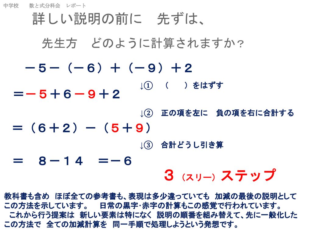 正負の数の加減 生徒の発想を見習った 代数和計算法を基本に 計算順序を見直す提案 コロンブスの卵的発想で実に単純な話です Ppt Download