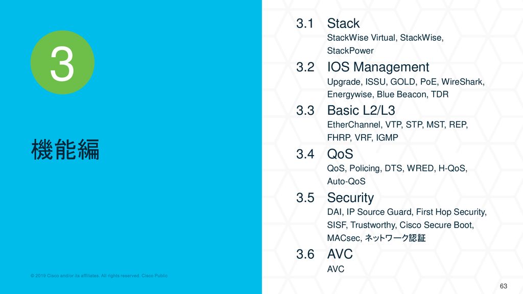 3 機能編 3.1 Stack 3.2 IOS Management 3.3 Basic L2/L3 3.4 QoS