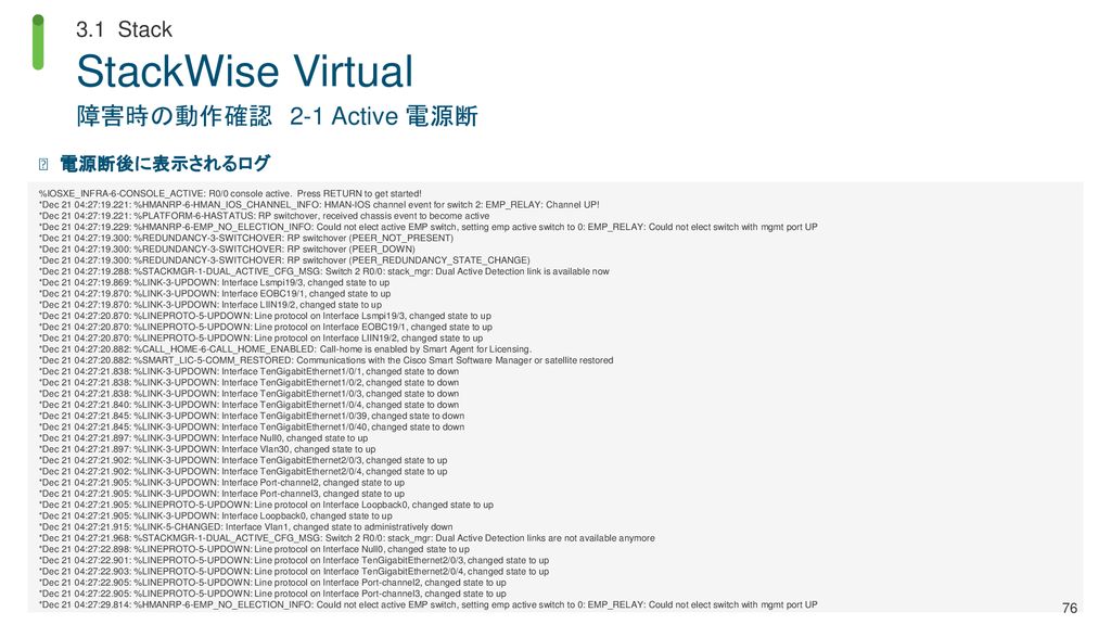 StackWise Virtual 障害時の動作確認 2-1 Active 電源断 3.1 Stack 電源断後に表示されるログ