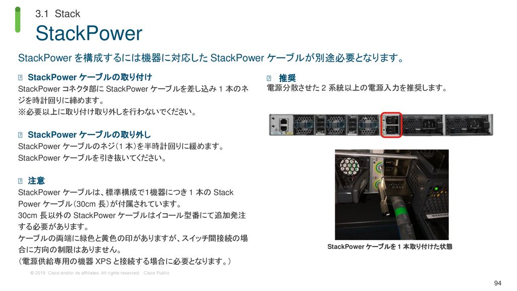 3.1 Stack StackPower. StackPower を構成するには機器に対応した StackPower ケーブルが別途必要となります。 StackPower ケーブルの取り付け.