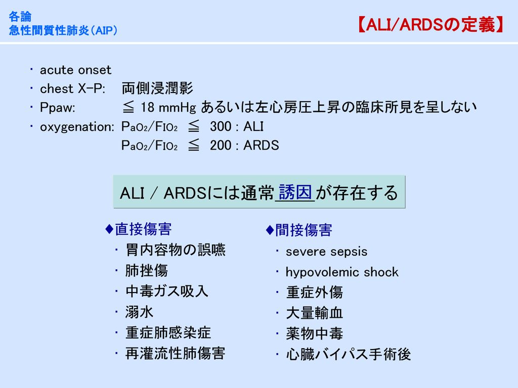 【ALI/ARDSの定義】 ALI / ARDSには通常 が存在する 誘因 acute onset chest X-P: 両側浸潤影