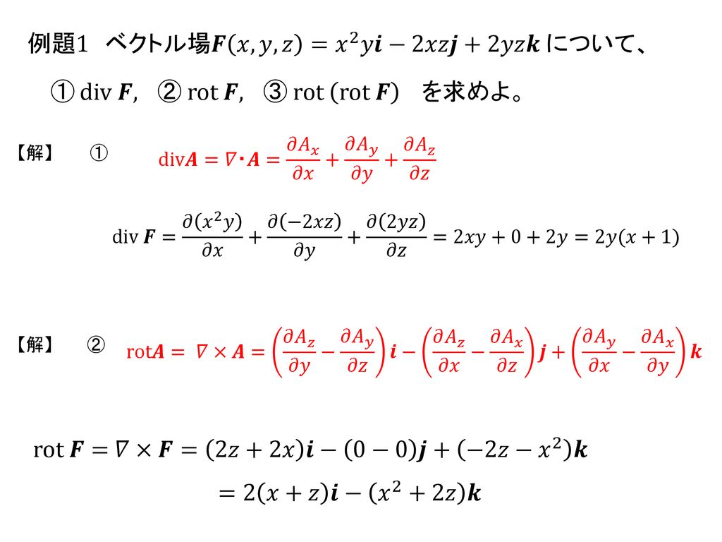 例題1 ベクトル場𝑭 𝑥,𝑦,𝑧 = 𝑥 2 𝑦𝒊−2𝑥𝑧𝒋+2𝑦𝑧𝒌 について、