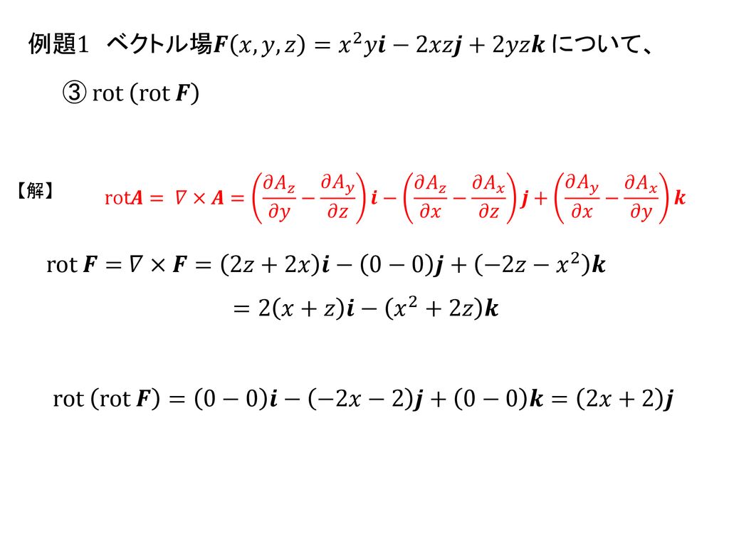 例題1 ベクトル場𝑭 𝑥,𝑦,𝑧 = 𝑥 2 𝑦𝒊−2𝑥𝑧𝒋+2𝑦𝑧𝒌 について、