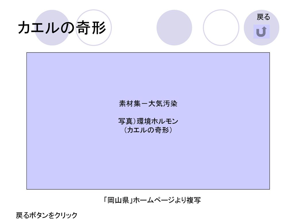 カエルの奇形 戻る 素材集－大気汚染 写真）環境ホルモン （カエルの奇形） 「岡山県」ホームページより複写 戻るボタンをクリック