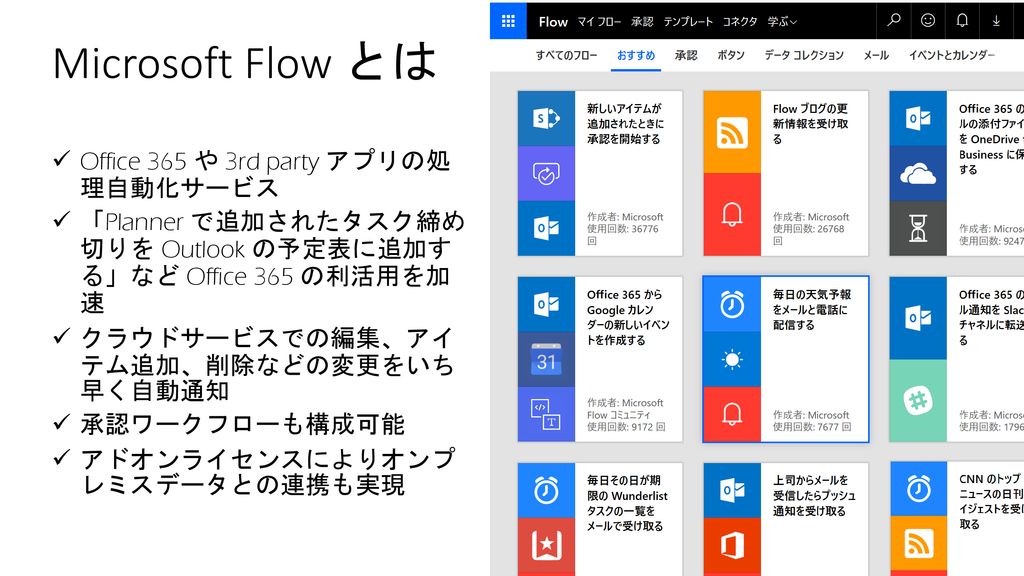 Microsoft Flow とは Office 365 や 3rd party アプリの処 理自動化サービス